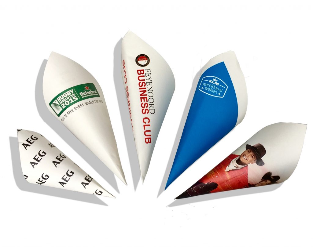 Examples of full-color printed fry cones